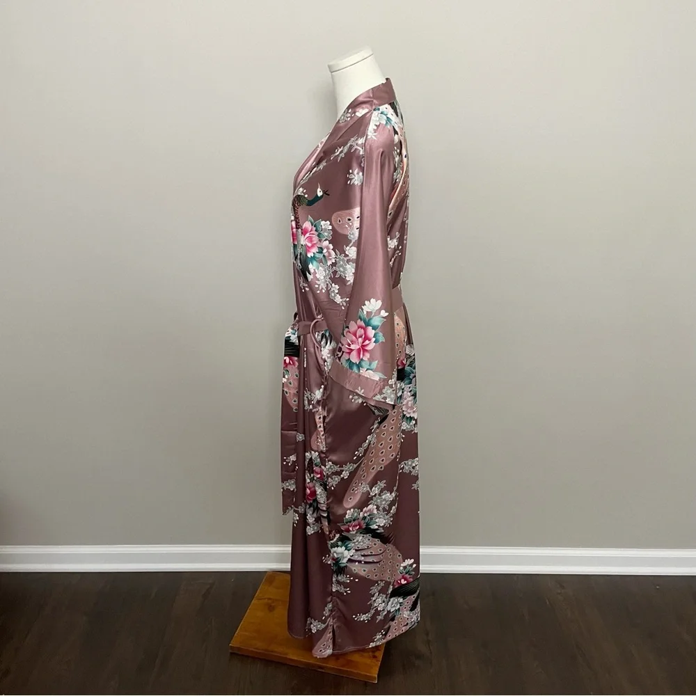 Kim and Ono Robe Kimono Charmeuse Asian Floral Silky Satin Long Pockets Pink - Picture 4 of 13
